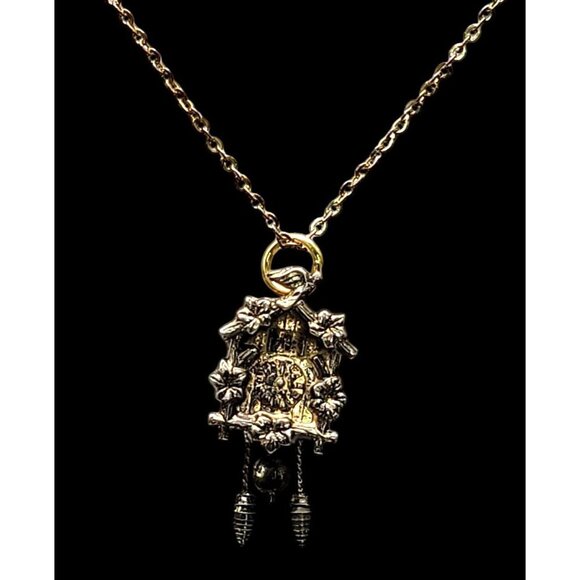 Vermeil Cuckoo Coo Clock Pendant Necklace 16" Chain Gold Plating on Sterling 925 - Picture 5 of 16